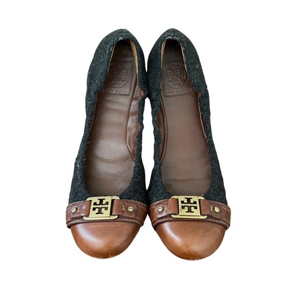 Tory Burch Shoes - Tory Burch Brown & Charcoal Grey Leather Wool Sienna Ballet Flats Size 10